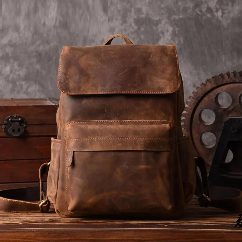 Genuine Leather Backpack Men Crazy Horse Leather